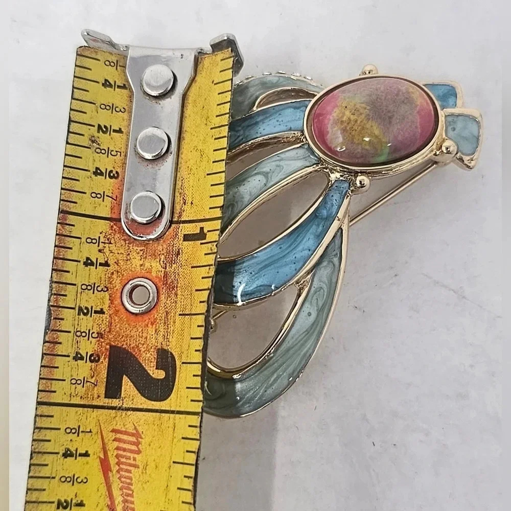 Vintage Enamel Gold-Tone Colorful Gemstone Brooch With Rhinestones - Picture 7 of 7